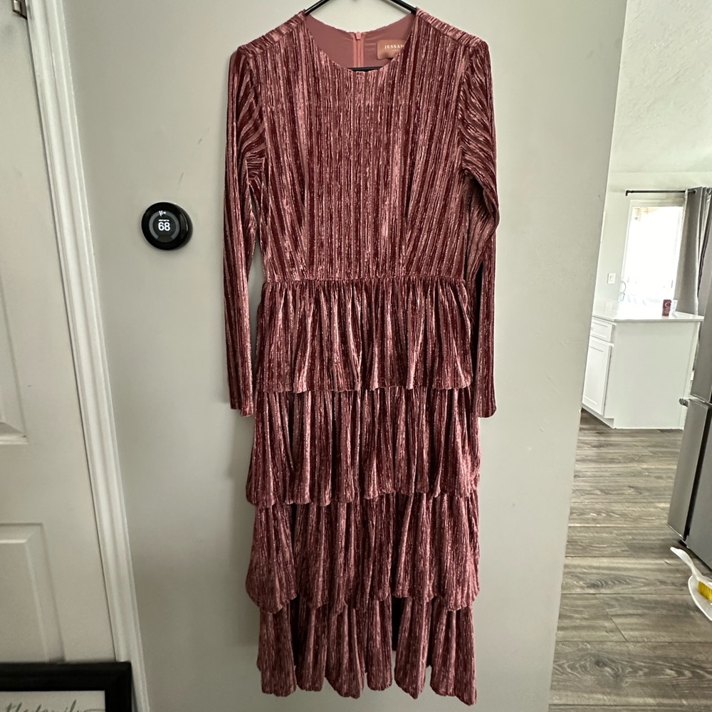 JessaKae Rose Velvet Tiered Midi Dress